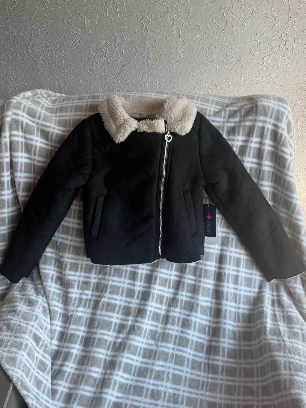 Limited Too Black Faux-Suede Jacket with Cream Sherpa Collar